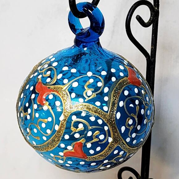 Beautiful Blue Blown Glass Christmas Ornament with Accents of Gold-Red-White - Picture 1 of 4